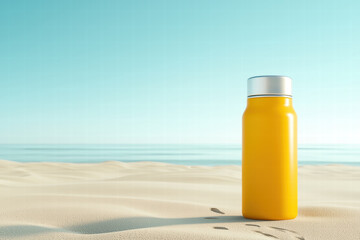 Sunscreen bottle beach sand summer skincare protection copy space sunscreen bottle beach sand summer skincare protection