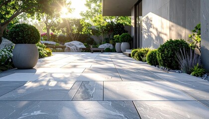 Sunlit Modern Backyard Garden With Lush Greenery And Paved Pathway On A Bright Sunny Day Creating A Peaceful Atmosphere