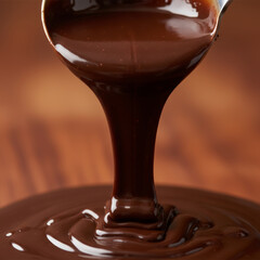 Close-up photo of a spoon pouring rich, glossy chocolate syrup onto a wooden surface, creating a smooth, flowing stream with a slightly viscous texture