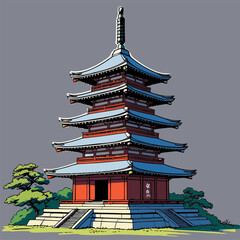 Japanese pagoda vector illustration with bright colors