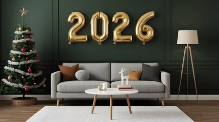 Modern Living Room Decorated for Christmas with Golden 2026 Balloons and Tree, Holiday Interior Design and New Year Celebration