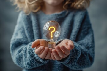 Child holding glowing lightbulb with question symbol concept