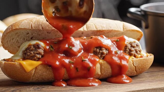 Delicious Meatball Sub Sandwich with Melted Cheese and Rich Tomato Sauce Being Poured Over.