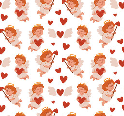 Seamless pattern. Cute angels. Valentine's Day. Cartoon angels. Wrapping paper. Wallpaper print. Vector illustration. White background.