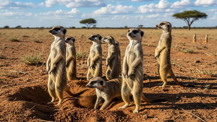 A meerkat family stands alert in the arid desert landscape under a blue sky