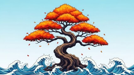 Vibrant orange tree standing firm against crashing waves