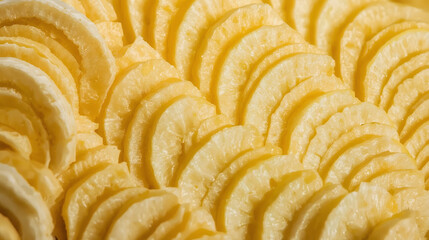 Background of ripe sliced yellow healthy banana slices, closeup. Food organic natural backdrop from fruit