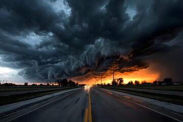 Dramatische Gewitterfront &uuml;ber leerer Stra&szlig;e bei Sonnenuntergang

