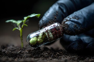 Setzling w&auml;chst aus Erde in sch&uuml;tzender behandschuhter Hand
