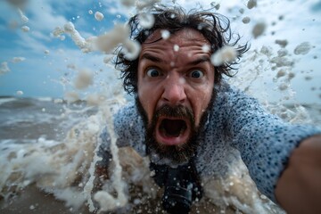 Dramatischer Moment eines Mannes im Wasser mit starker Emotion
