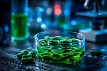 Gr&uuml;ne Petrischale mit biologischer Probe im Labor
