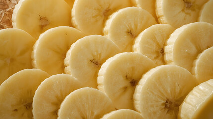 Background of ripe sliced yellow healthy banana slices, closeup. Food organic natural backdrop from fruit