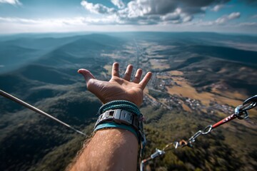 Abenteuerliche POV Hand &uuml;ber Berglandschaft mit Seil und Weitblick
