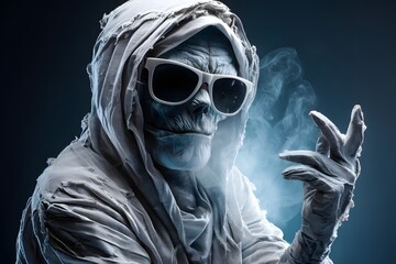 Mysteri&ouml;se Skelettfigur mit Kapuze und Rauch in dunkler Atmosph&auml;re
