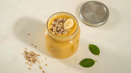 Vegan banana and oatmeal smoothie in glass jar on the light background. Healthy food.
