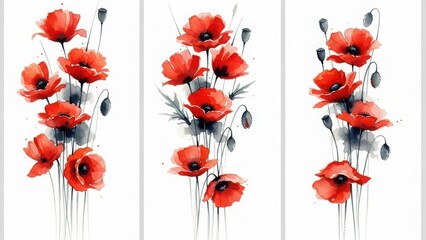 Beautiful red poppy flowers painting on white background