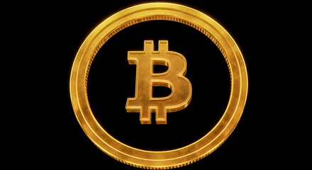 Gleaming gold cryptocurrency Bitcoin symbol coin on a dramatic black background.