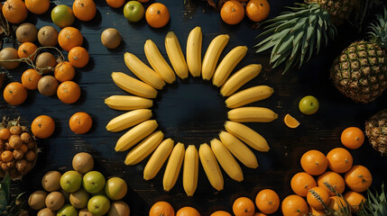 Bananas on a black wooden surface. Tropical Fruits. Top view. 