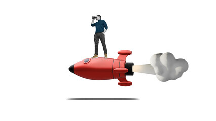 businessman with binoculars launches on a rocket, isolated on free png background. Business analytics and strategic. Find a right way.
