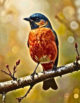 Colorful robin bird perched on a branch with spring buds, blurred nature background.