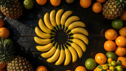 Bananas on a black wooden surface. Tropical Fruits. Top view. 