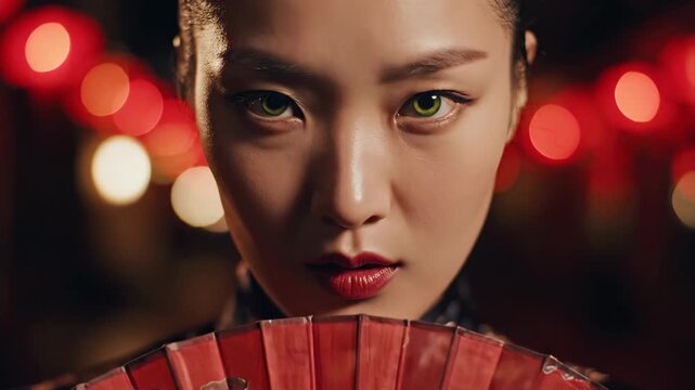Asian woman teasingly reveals face with red fan in lantern glow. Traditional mystery and beauty concept with gradual unveiling