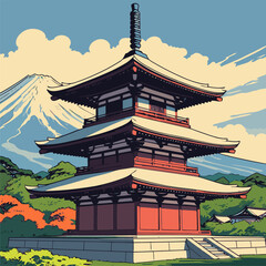 Japanese pagoda vector illustration with bright colors