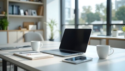 Modern Minimal Home Office Workspace with Laptop, Notebook, Coffee Cups, and Natural Light Creating a Clean and Productive Remote Work Environment
