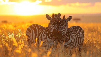 Two Zebras Nuzzle in Golden Field During Sunset with Warm Sunlight Backlighting the Scene