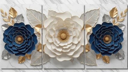 Luxurious triptych art featuring blue and white flowers with gold accents