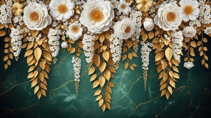 Luxurious white roses and golden leaves on green marble background