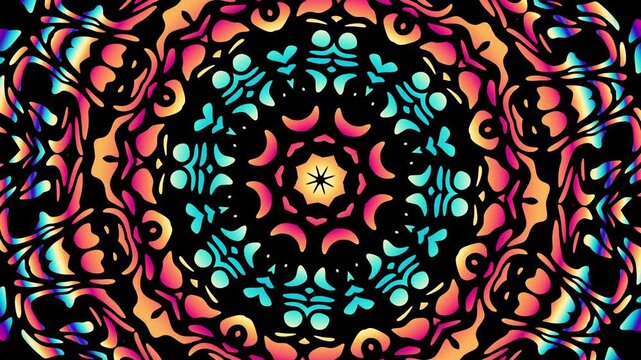 A geometric repeating mandala animation, a moving soothing pattern of shapes converging into a center. Theme rainbow and black retro