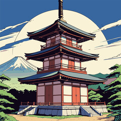 Japanese pagoda vector illustration with bright colors
