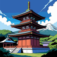 Japanese pagoda vector illustration with bright colors