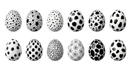 Collection of twelve decorative Easter eggs with black and white patterns