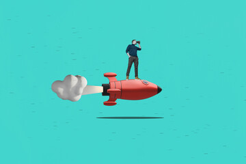 businessman with binoculars launches on a rocket. Business analytics and strategic. Find a right way.