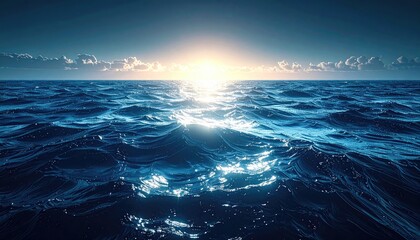 Fototapeta premium Vast Deep Blue Ocean Surface Under Bright Golden Sunrise With Reflecting Light And Dramatic Clouds On The Horizon