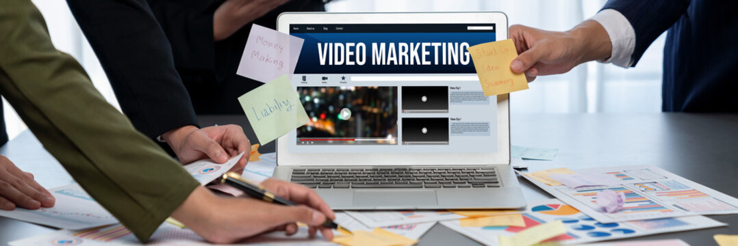 Analyst team use sticky note for creative and analytic brainstorm for business idea with BI data dashboard on laptop screen. Analysis financial data visualization tech for marketing strategy. Prodigy - Powered by Adobe