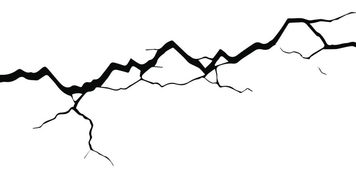A striking black crack resembling a lightning bolt or fissure on a clean white background