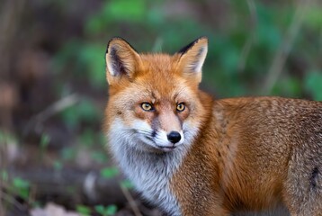 Fototapeta premium Alert red fox with bright yellow eyes looking to the side in a blurred forest…