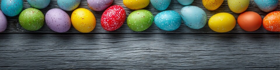 Wide easter banner background with colorful eggs on wooden table top view with space for text