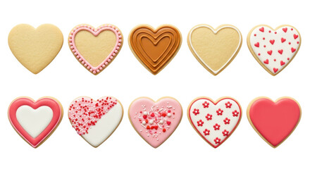 Collection of ten heart-shaped cookies with various decorations for Valentine's Day