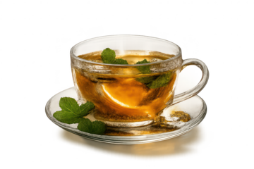 Cup of tea with mint leaves on a transparent background in close-up.