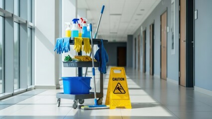 A cleaning cart with supplies and caution sign in a bright hallway