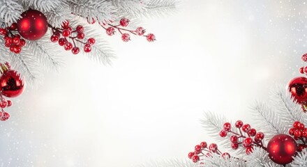 Festive Christmas corner decoration with red baubles and frosted pine branches