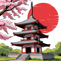 Japanese pagoda vector illustration with bright colors