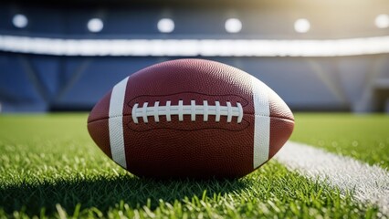 A football sits on the green grass of a stadium, ready for play