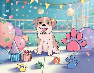 Pet Celebration Template with Soft Colorful Confetti and Paw Prints Cute Animal-Themed Design for Party Invitations and Social Media