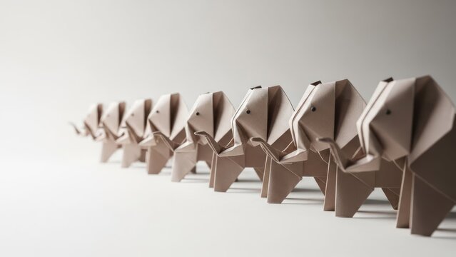 A line of origami elephants marching forward