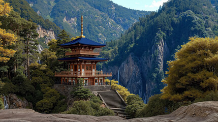 Traditional Japanese pagoda on forested mountain cliffs with lush trees and cascading waterfall nearby